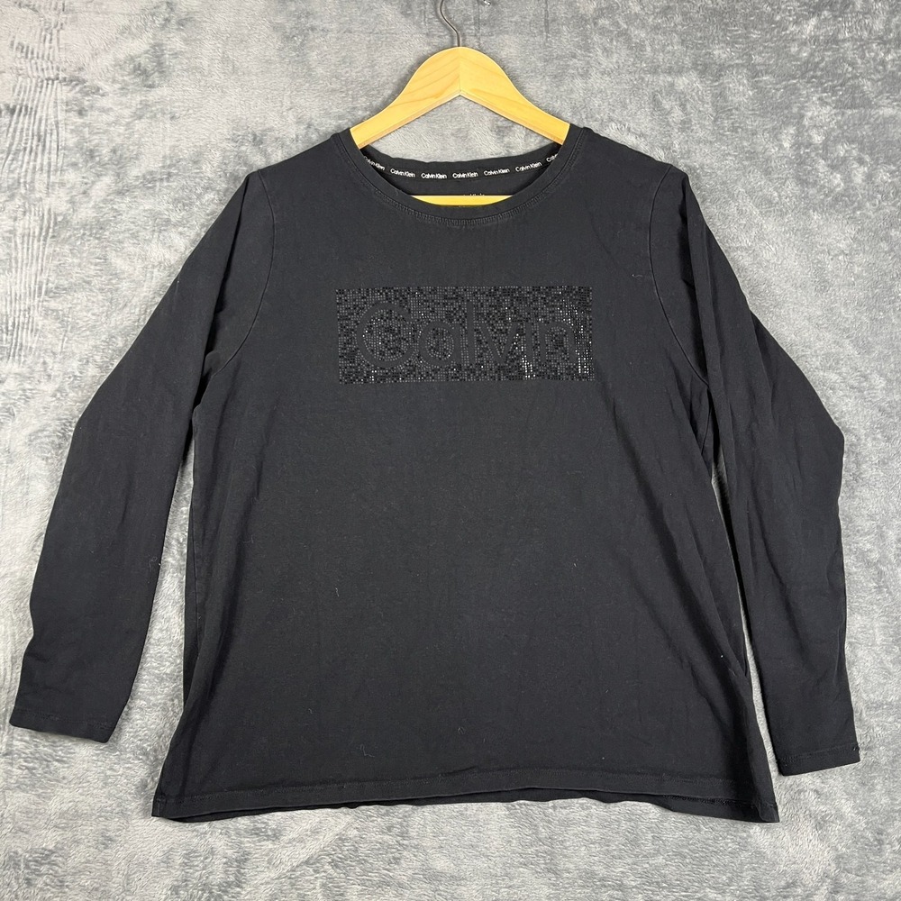 Calvin Klein Shirt Womens XL Black Rhinestone Long Sleeve Round Neck Casual
